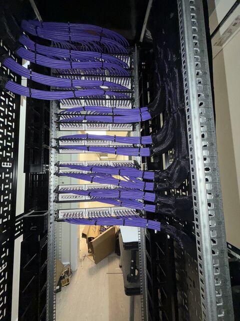 Cat6 bundles dressed down to patch panels and switch