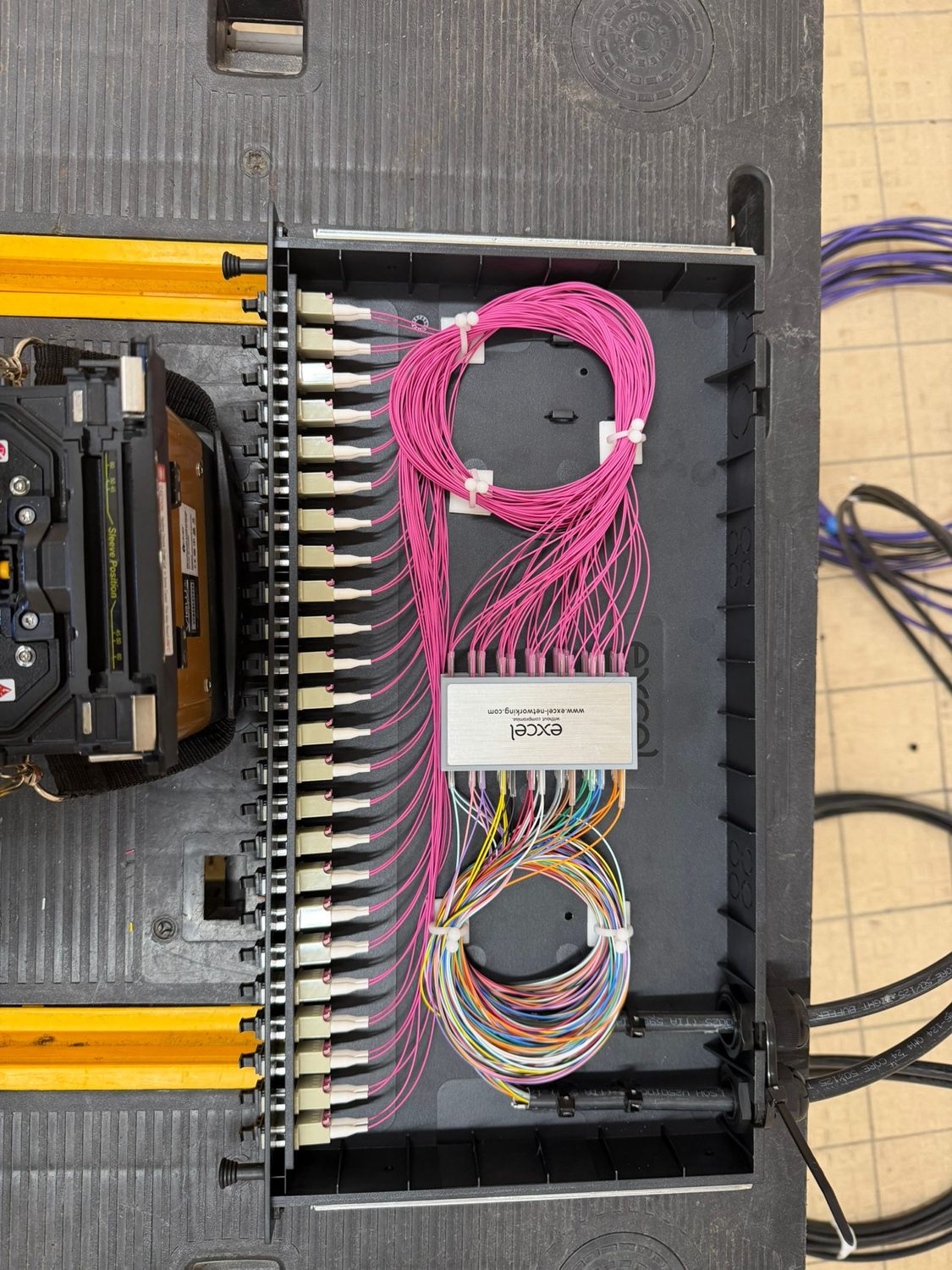 Fibre optic patch panel terminated with coloured pigtails