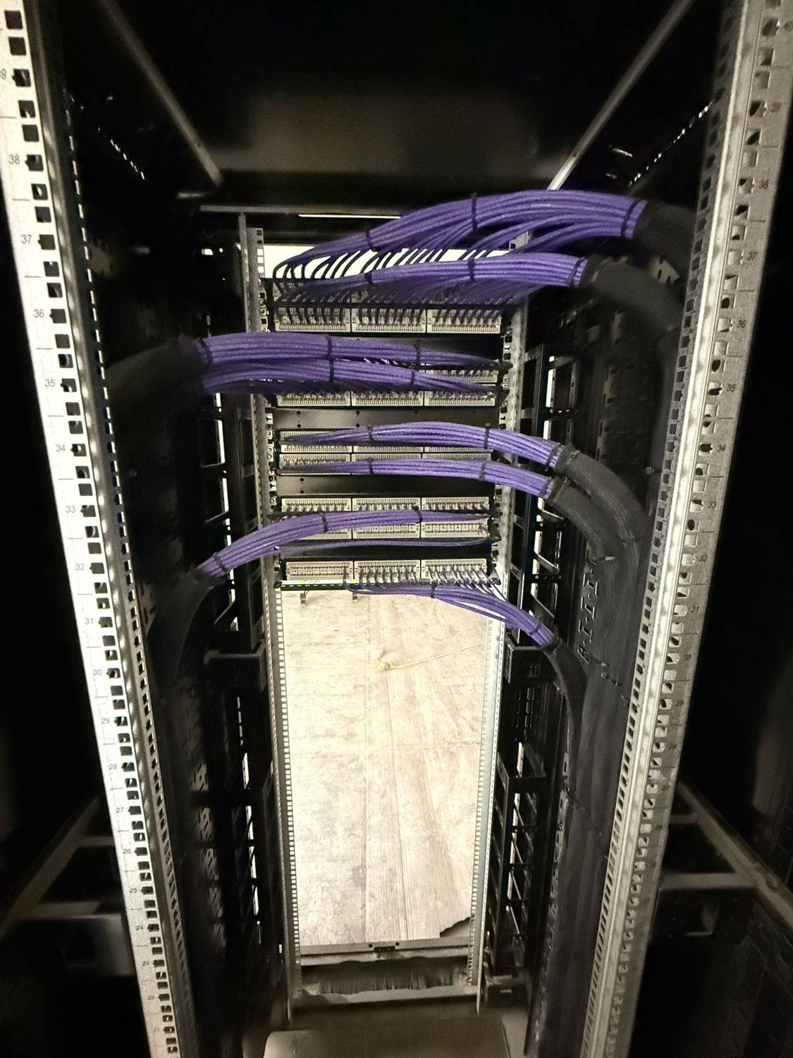 Server cabinet with purple Cat6 patch leads