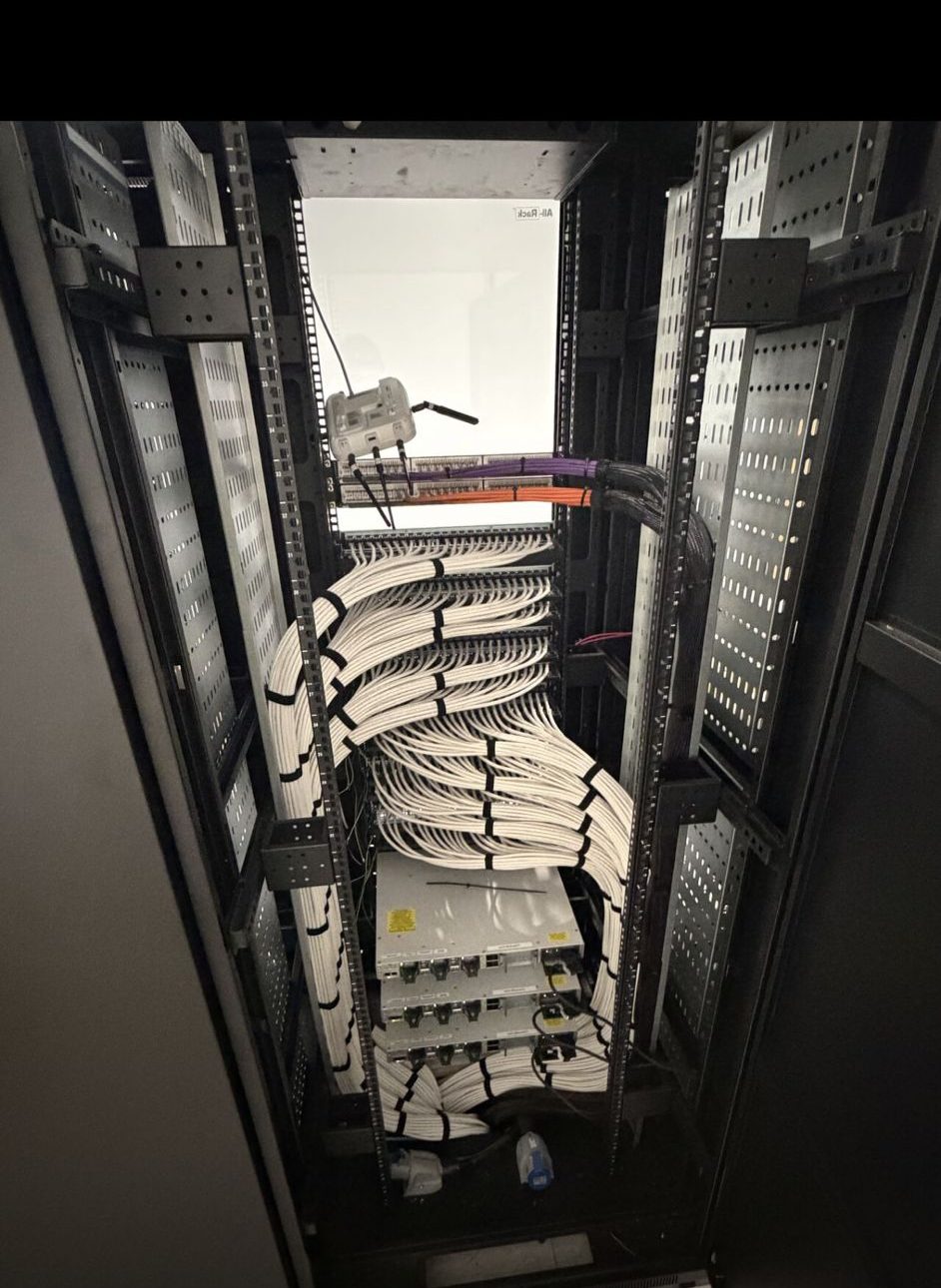 Floor-standing data cabinet with patch panels and cable management