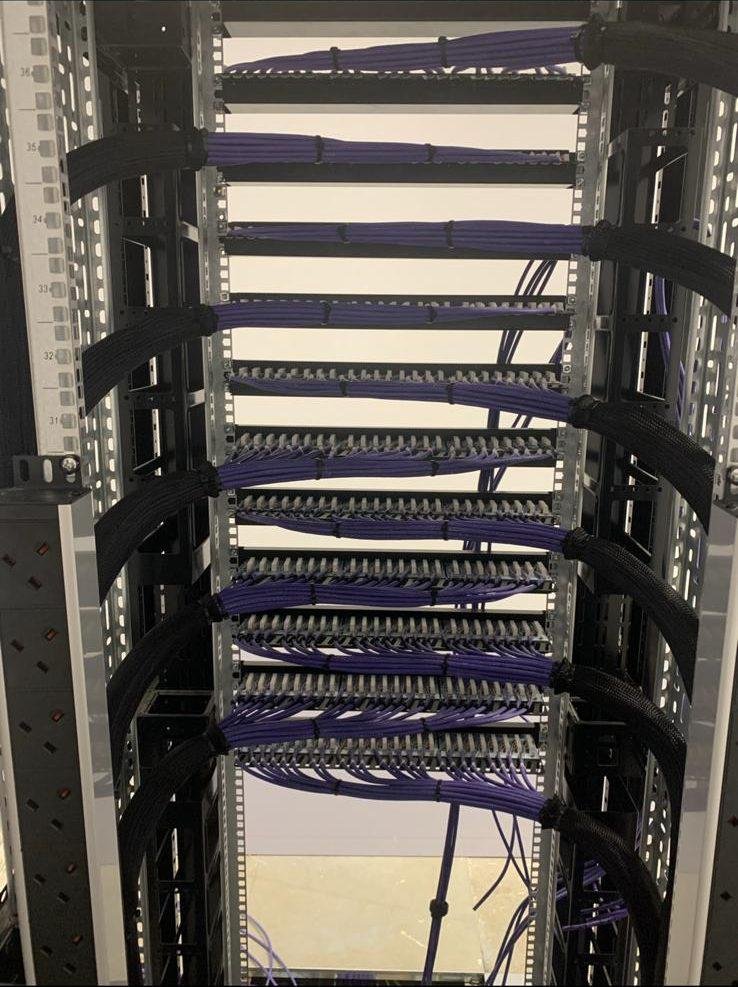 Purple Cat6 looms dressed into patch panels across a full-height comms rack